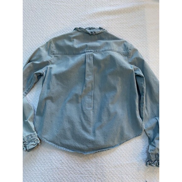 Mi Ami XS Light Wash Denim Ruffle High Neck Blouse Victorian Western Cottagecore - Picture 7 of 7